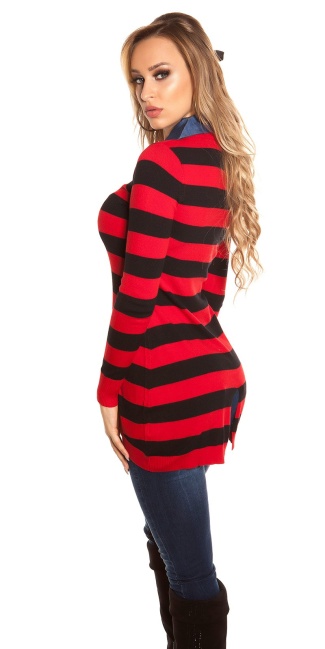 Trendy fine knit long jumper + jeans collar Red